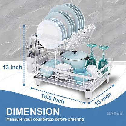 GAXmi Dish Drying Rack Over The Sink Drainer with Drainboard Utensil Holder Cup Holder, 2-Tier White