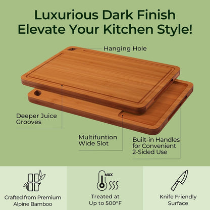 Bamboo Cutting Board, Durable Wood Cutting Boards for Kitchen with Deep Juice Grooves & Built-in Handles, Ideal Charcuterie & Chopping for Meat, Vegetables and Fruits Ideal Kitchen Gifts