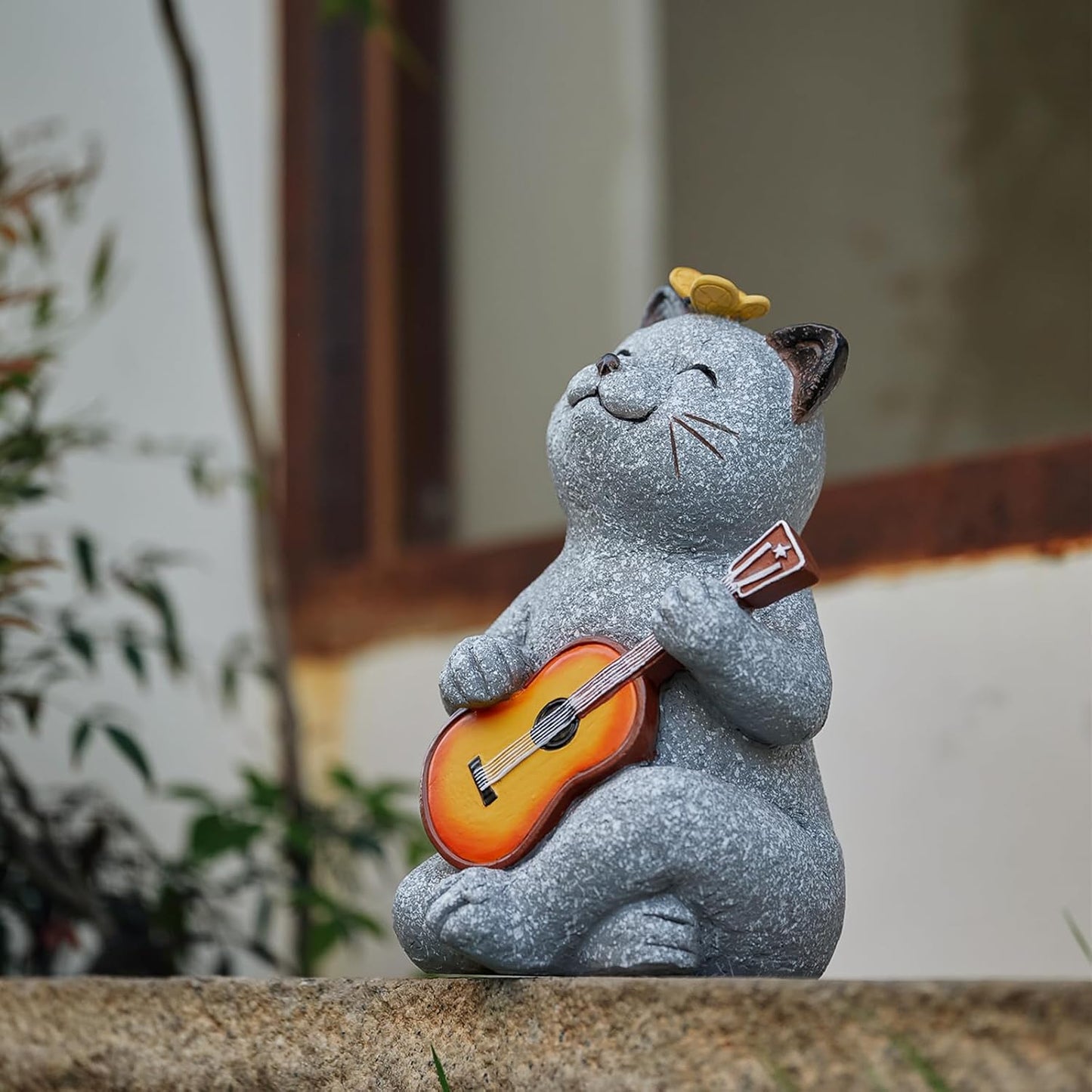 Cat Garden Statue Outdoor Decor, Cat Sculpture with Guitar and Butterfly for Yard Lawn Patio Balcony, Birthday Housewarming Gifts for Mom, Grandma, Women, 8.8 inch, Resin