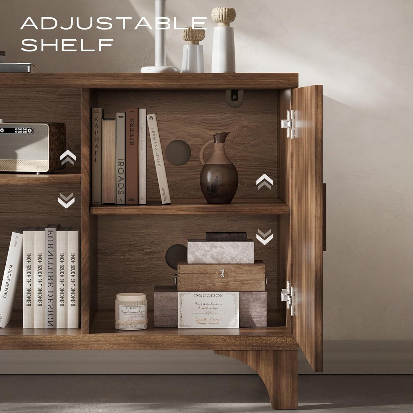 Tall Mid Century Modern TV Stand for 55/65 Inches Television, TV Console with Fluted Doors and Storage, Entertainment Center for Living Room and Bedroom, Dark Brown