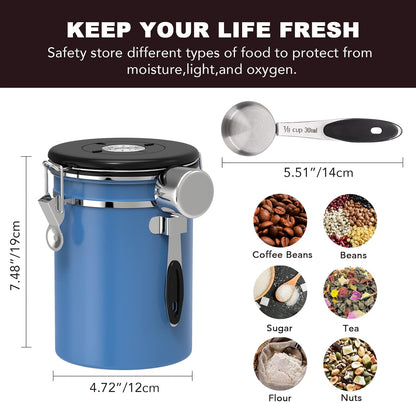 ShanSon Coffee Canister Airtight Coffee Container Stainless Steel Coffee Bean Storage Container with CO2 Release Valve and Scoop Coffee Canister for Beans,Grounds,Sugar,Flour,Tea,Cereal,22OZ,Blue
