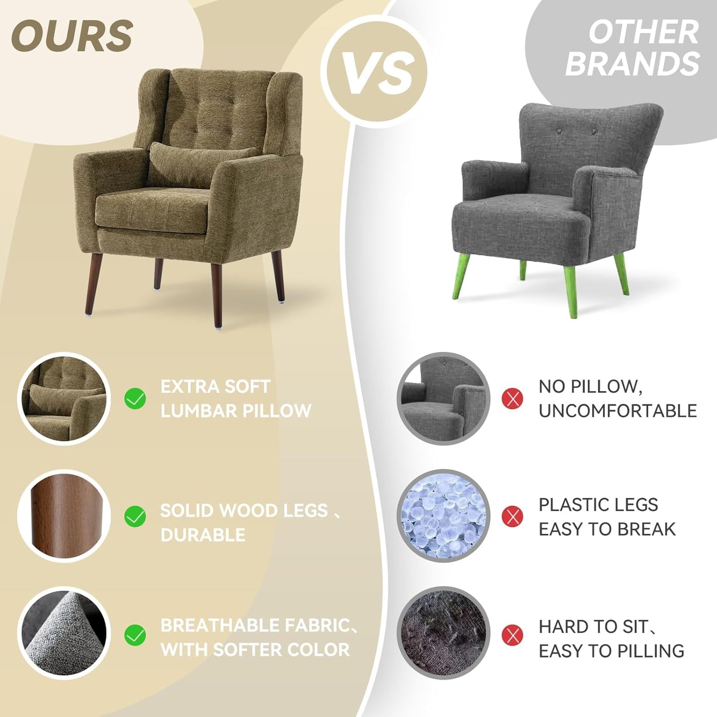 Modern Accent Chair, Upholstered Armchair with Pillow, Fabric Single Sofa Chair with Lounge Seat and Wood Legs Accent Chair for Living Room Bedroom Small Spaces (Avocado, Set of 1)