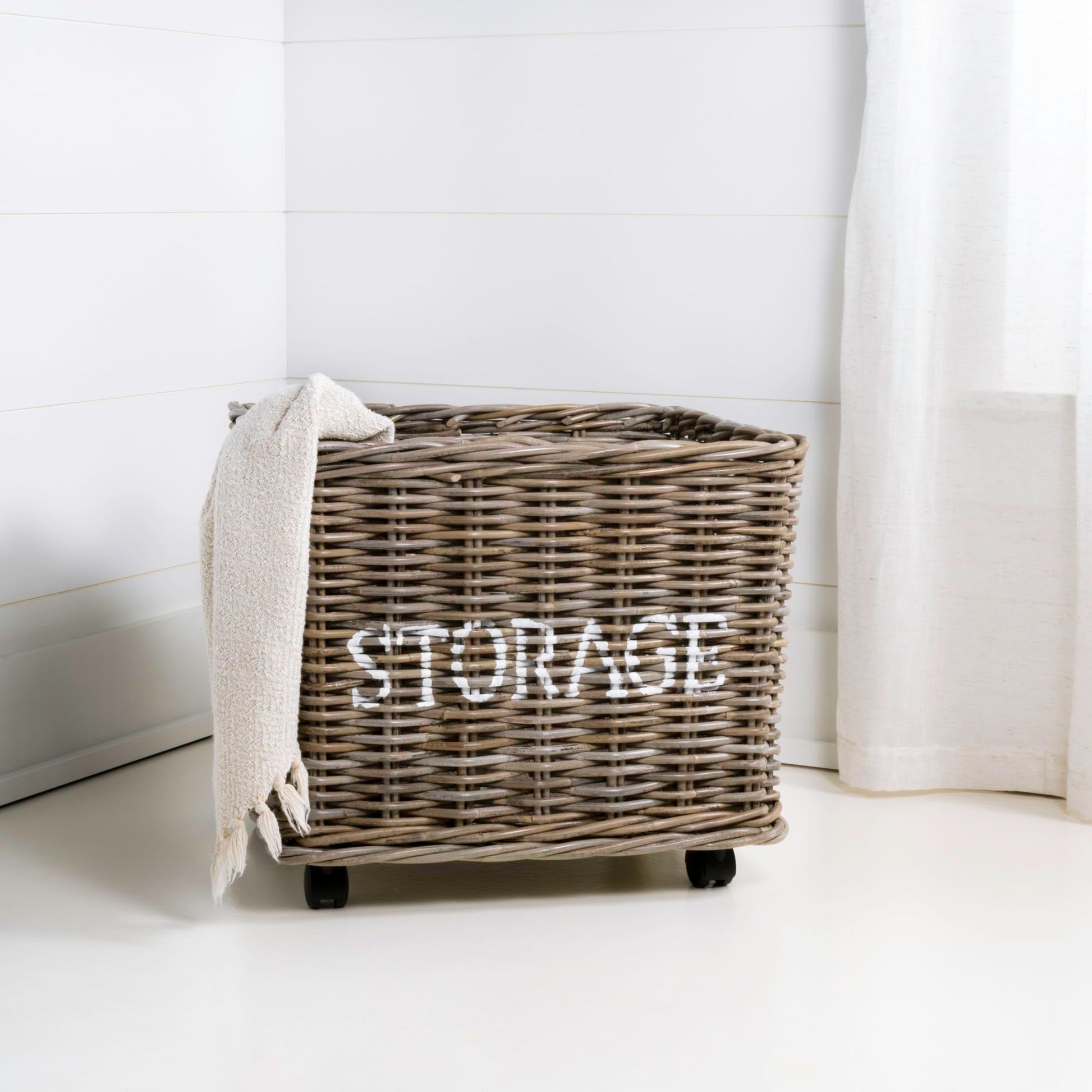 happimess Yael Coastal Hand-Woven Rattan Basket with Wheels, Kubu Gray