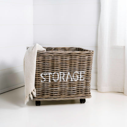 happimess Yael Coastal Hand-Woven Rattan Basket with Wheels, Kubu Gray