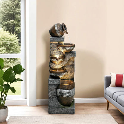 Naturefalls 42.5” H Modern Outdoor Fountain - 5 Bowls Outdoor Garden Fountains with Contemporary Design&LED Light for Garden, Patio, Deck, Porch, Backyard and Home Art Decor