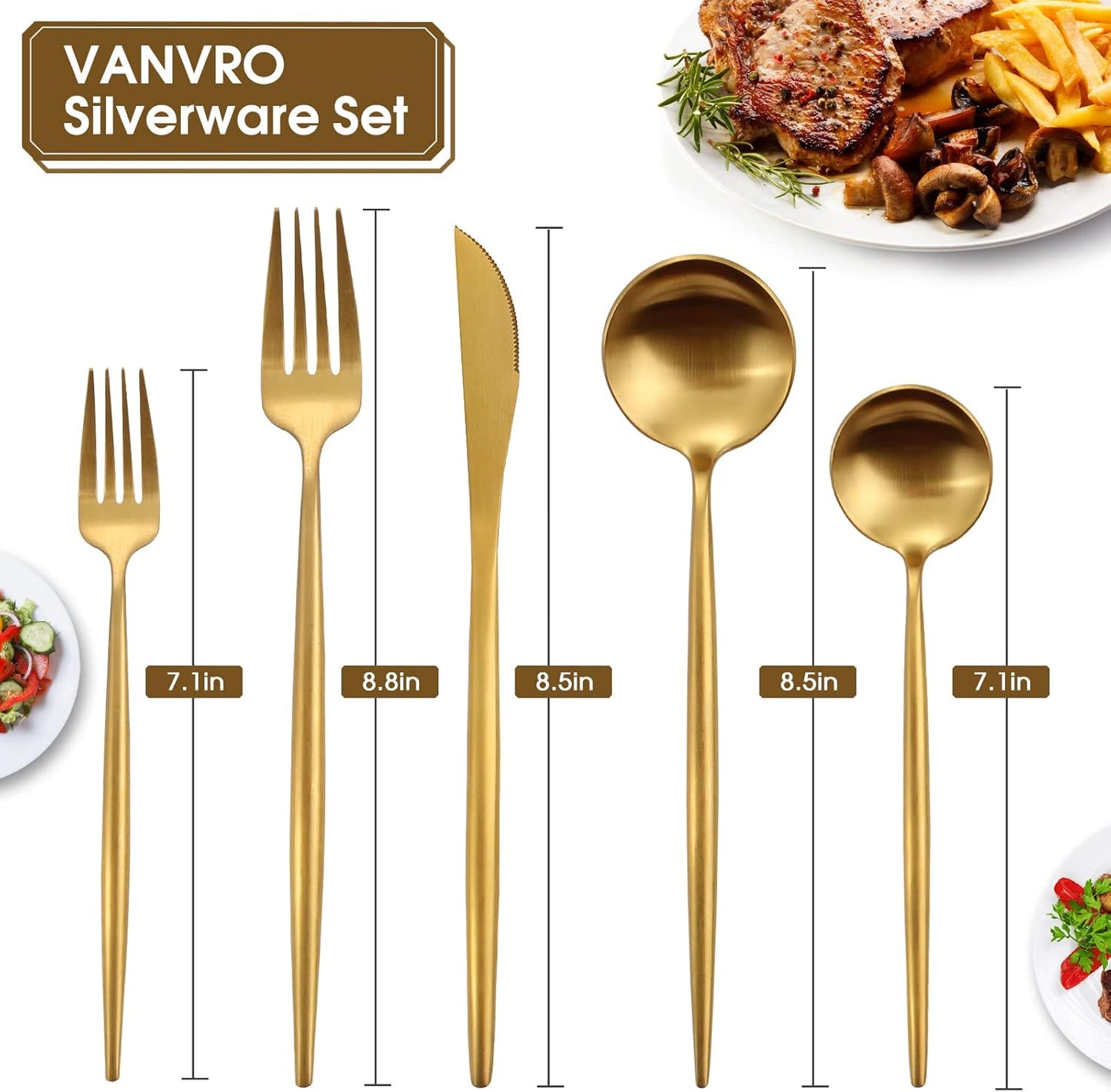 Matte Gold Silverware Set, 40-Piece Stainless Steel Flatware Set, Tableware Cutlery Set Service for 8, Satin Finish Utensils Set, Knife Fork Spoon Set for Home and Restaurant, Dishwasher Safe