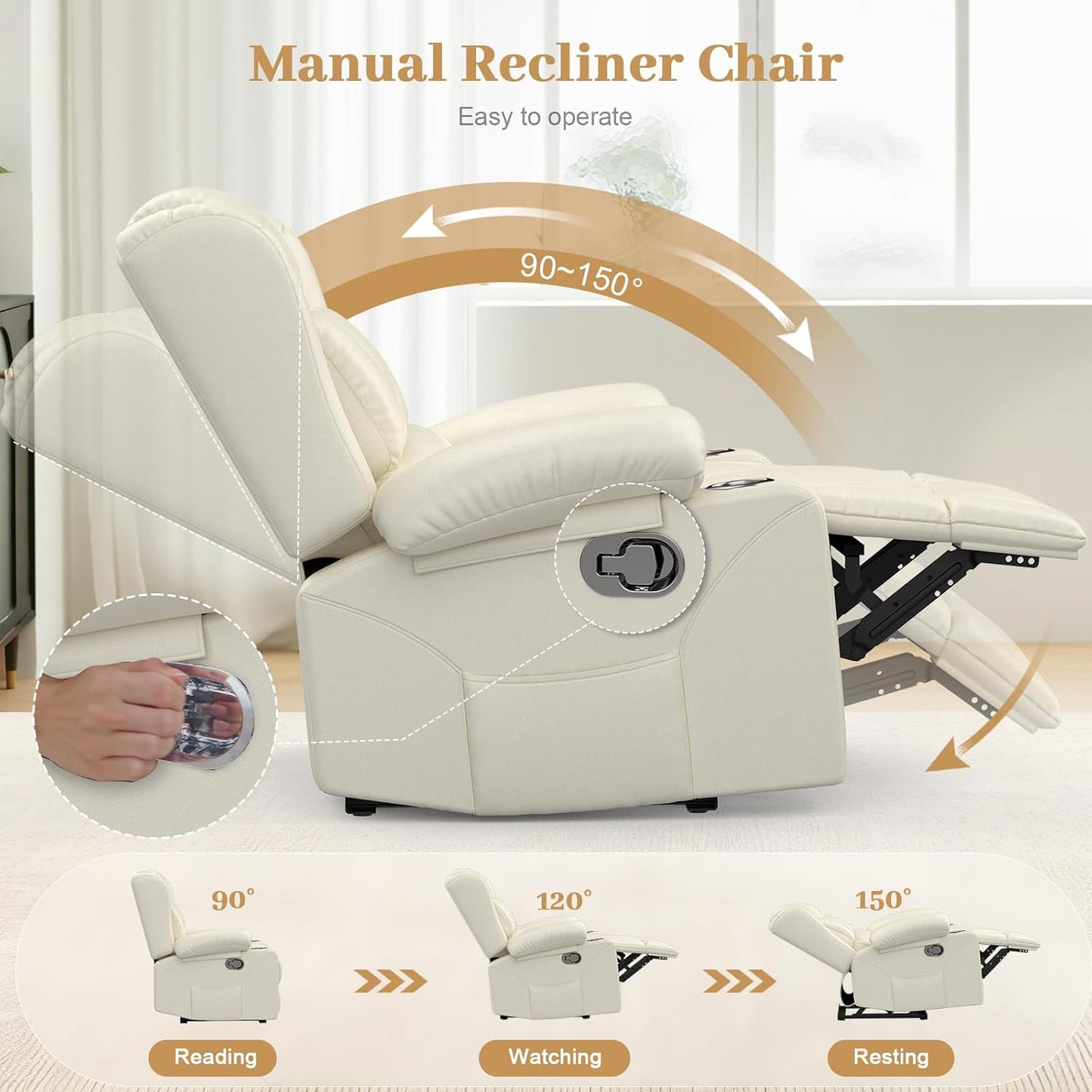 Recliner Chair for Adults, Oversized PU Leather Manual Pull Tab Reclining Chair with Cup Holders, Minimalist Style Single Sofa for Living Room, RV (Ivory White)