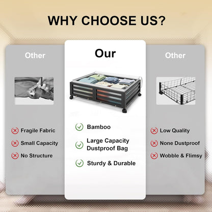 Under Bed Storage with Wheels-Large Bamboo Underbed storage Containers with Large Dust Bag Stackable Under the Bed Shoe Storage Bins for Clothes Books Bedding (2 Packs Black, 23.62"L×16.54"W× 6.51"H)