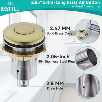 BESTILL Garbage Disposal Air Switch Kit - UL Listed, Brass 2.95" Short Sink Top On/Off Switch Button for Food Waste Disposer, Brushed Gold, Compatible with all Garbage Disposals