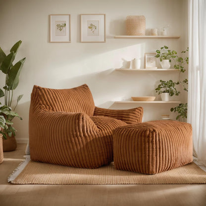 Giant Bean Bag Chairs for Adults, Oversized Chaise Lounge Chair Indoor with Memory Foam - Plush Boneless Lounger & Ottoman for Bedroom, Living Room, Gaming & Reading, Lazy Floor Sofa Chair, Orange