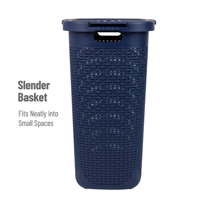Mind Reader Slim Laundry Hamper with Lid, 60L Tall Clothes Basket, Narrow Tapered Design for