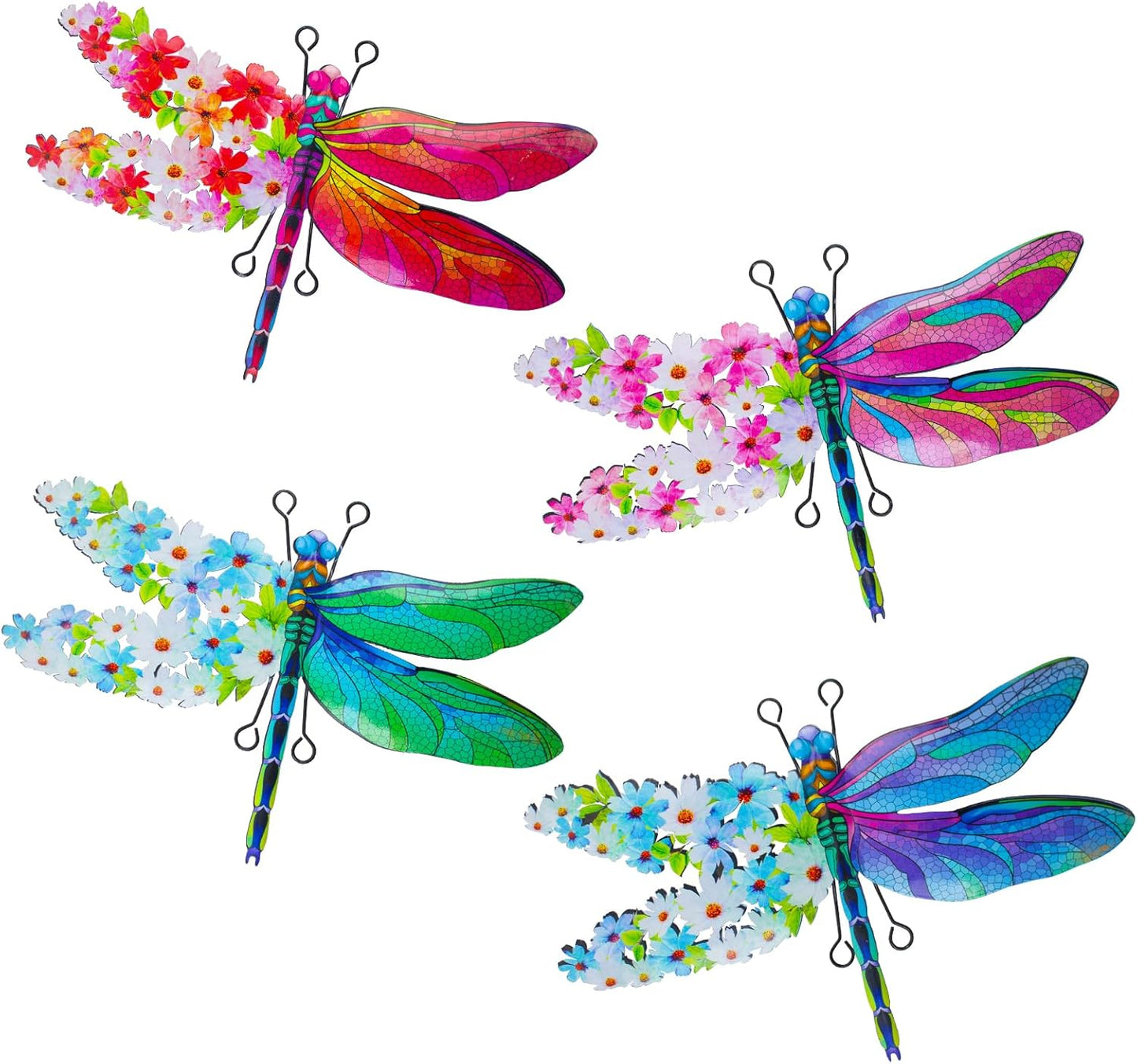 Dragonfly Wall Decor, 4 Pack Metal Outdoor Wall Decor Art, Colourful Dragonfly Decor for Garden Yard Patio Fence Living Room Bedroom