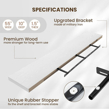 Fun Memories 55 Inch Fireplace Mentel Shelf, 10 Inch Deep Shelves for Display & Wall Storage, Rustic Wood Wall Shelf, Extra Long Floating Shelves for Living Room Laundry Room, White, Set of 1