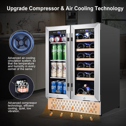 Tylza Wine and Beverage Refrigerator 24 Inch Dual Zone, French Door Wine and Beverage Cooler 24'' Built-In or Freestanding Drink Fridge, Under Counter Beer Refrigerator