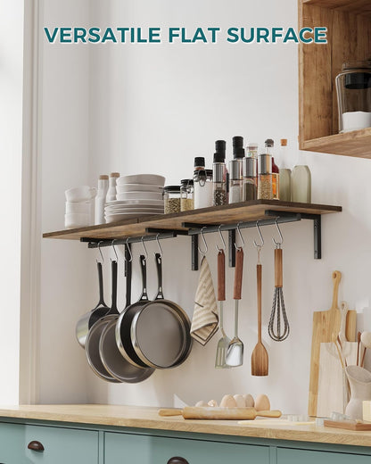 OROPY 2 Pack Wooden 23.6'' Pot Pan Hanging Rack Wall Mounted with 10 S Hooks, Set of 2 Large Pot Wall Holder Kitchen Shelves for Utensils, Cookware