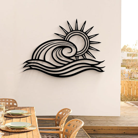 Wita Home Ocean Wave Metal Wall Art, Sun Beach Decor, Coastal Large Wall Sculpture for Home, Indoor/Outdoor Use, Nautical Wall Hanging, Eye-Catching Addition to Living Room (Black, 24 x 14 inches)