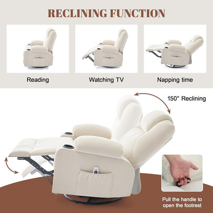 Oversized Swivel Rocker Recliner Chair with Heat and Massage, 360 Degree Swivel Rocking Single Sofa with Cup Holders and USB Port, Big Large Recliner Chair for Living Room (Fabric, Beige)