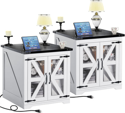 Farmhouse End Table Set of 2, 24" Large Sofa Side Table with Charging Station, Mesh Barn Door, White Nightstand with Adjustable Storage Shelf, Square Nightstand for Living Room, Bedroom