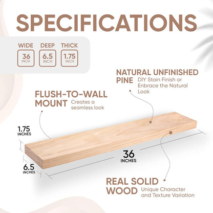 Homeforia 36 inch Wood Floating Shelves, High End Solid Natural Wood 36inch Large Floating Shelf Bathroom, Unfinished Wooden Floating Shelves for Wall, Heavy Duty Bracket, 36 X 6.5 X 1.75 in, Set of 2