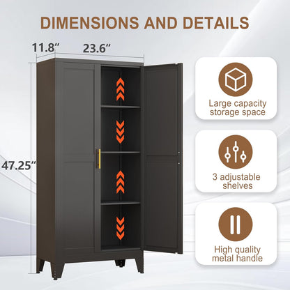 Metal Kitchen Pantry Storage Cabinet with 2 Doors and 3 Adjustable Shelves,Pantry Cabinet with Adjustable Leveling Foot for Kitchen, Living Room, Dining Room（Black）