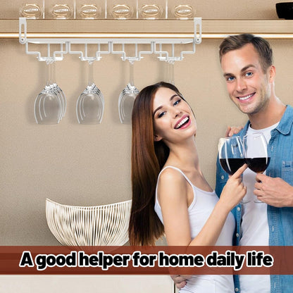 AUHOKY 2Pcs Adjustable Wine Glass Rack Under Cabinet, Punch-Free 4 Rows Stemware Wine Glass Metal Holder, Hanging Wine Glasses Storage Hanger Organizer for Shelf Kitchen Bar Decor(White, 4 Rows)