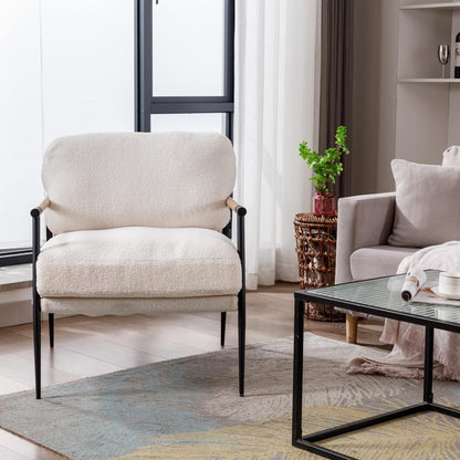 Mid-Century Accent Chair Set of 2, Soft Armchair Sherpa Fabric Lounge Chair with Black Metal Legs, Upholstered Leisure Chair for Living Room Bedroom Reception Room, White