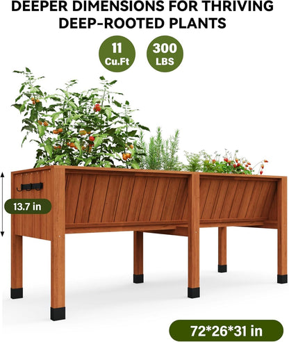 72x26x31 Inch Raised Garden Bed with Legs, 13.7In Depth Wooden Planter Box for Outdoor Growing Vegetables and Herbs, Elevated Garden Bed with Hooks for Backyard, Patio, Balcony