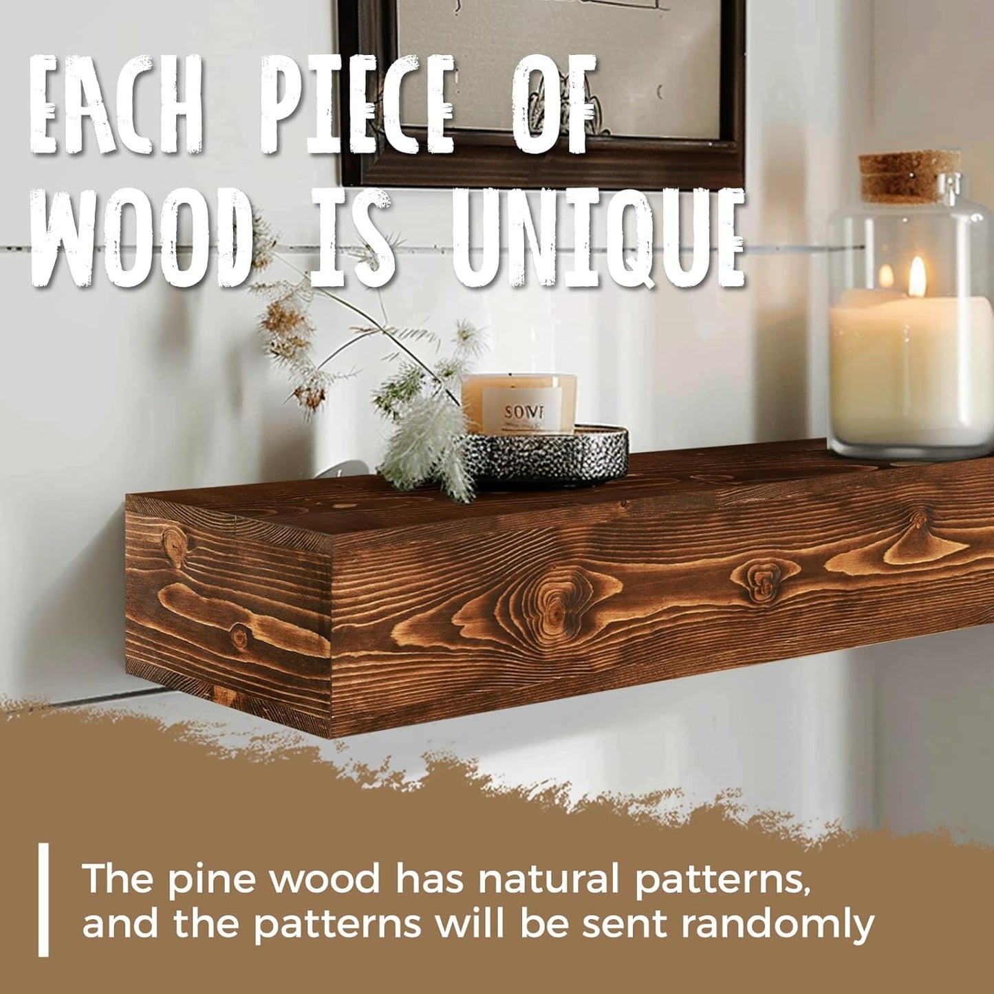 48x8x5 Fireplace Mantel - Handcrafted Hollow Rustic Solid Wood Wall Mounted Floating Shelf with Invisible Heavy Duty Wood Bracket (Weathered Brown)