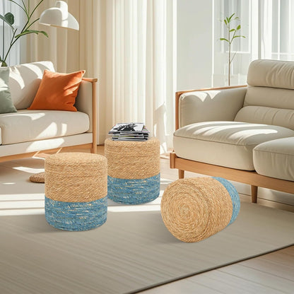 16'' Round Ottoman Natural Seagrass Braided Poof Hand Weaving Round Ottomans Boho Footrest Stool for Home Living Room Bedroom Patio(Natural&Blue)