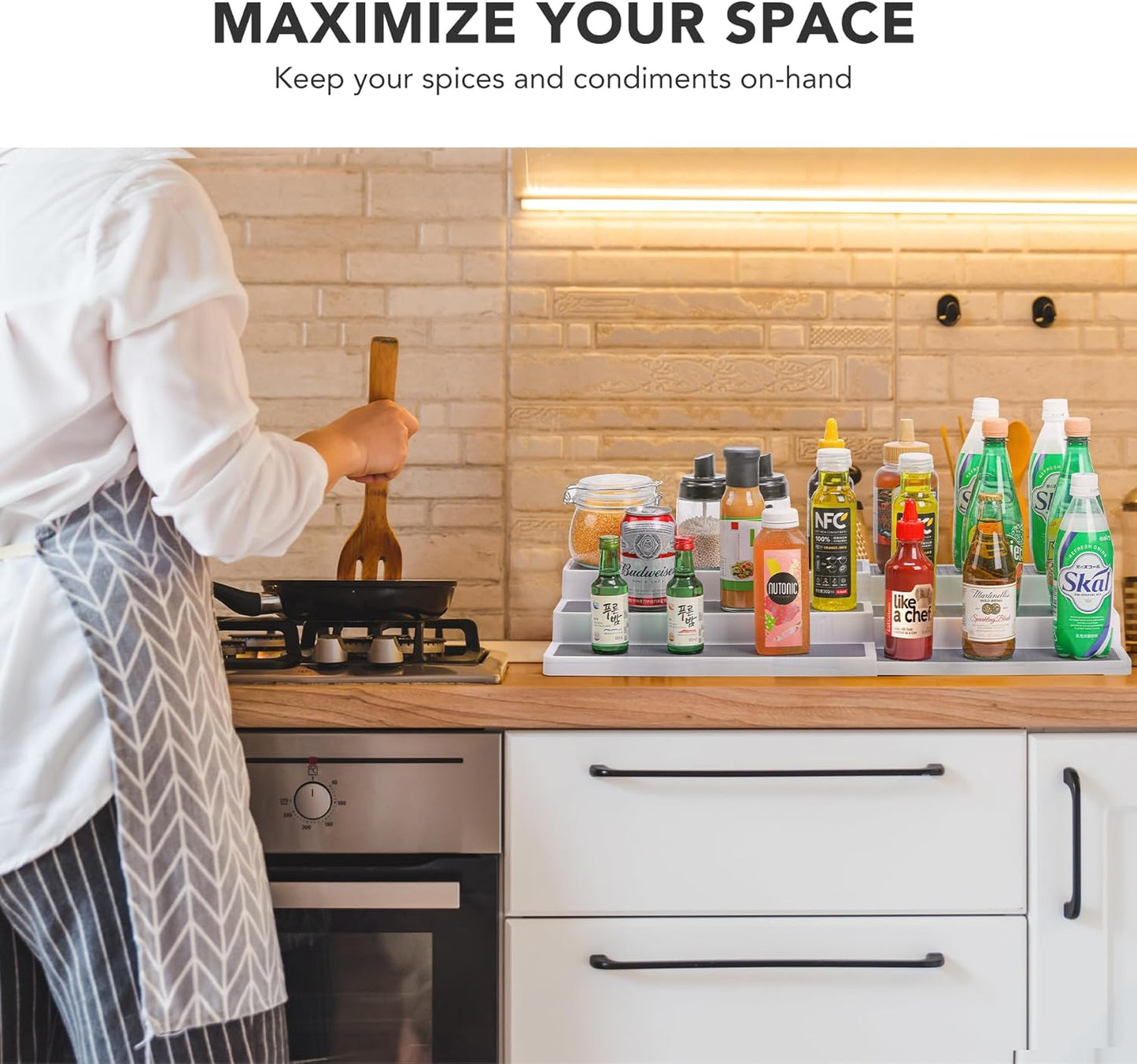 3 Tier Expandable Spice Rack Organizer, White/Grey Plastic Spice Rack, Adjustable Length 14.6In-25.8In, 2 Pack Non-Skid Tiered Spice Shelf Organizer for Kitchen Cabinet, Cupboard, Pantry