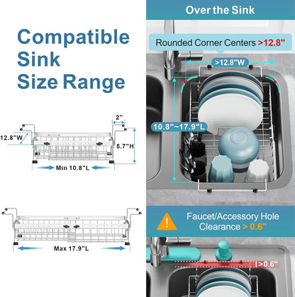 GSlife in Sink Dish Drying Rack - Stainless Steel Capacity Expandable Over The Sink Dish Drainer with Lock Knob and Utensil Holder for Kitchen Sink, 10.8"-17.9" L x 12.8" W, Silver