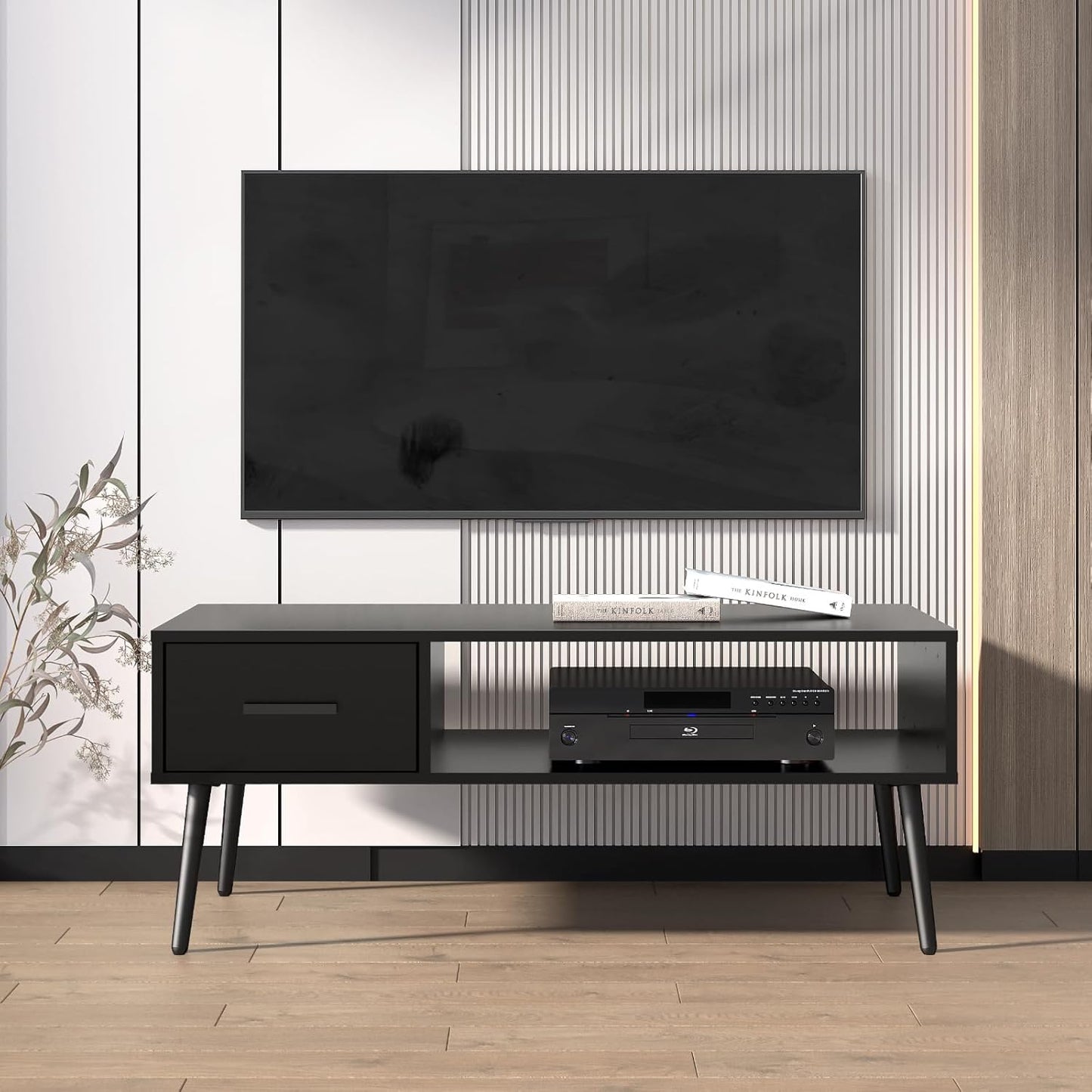 HAIOOU Coffee Table, Mid Century Modern Style Cocktail Table TV Stand with Drawer, Open Storage Shelf, Stable Floor-Anti-Scratching Pine Leg for Home, Office, Living Room - Black