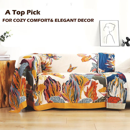 Boho Large Throw Blanket, 100% Organic Cotton Breathable Soft Bed King Throw - Fall Floral Bird Butterfly Farmhouse Decor Blanket for Sofa Couch Chair and Gift. 91" x 98"