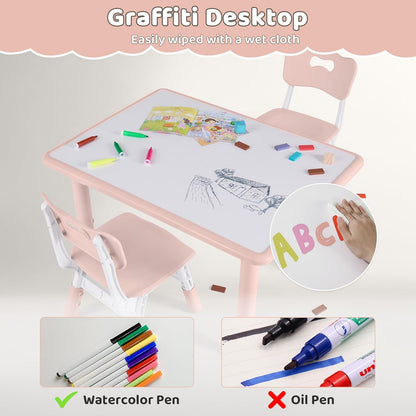 Kids Table and 2 Chairs Set, Height Adjustable (17.7"-26.1") Toddler Table and Chair Set, Multi-Activity Table with Graffiti Desktop, Children’s Table and Chairs for Classroom, Home & Daycare