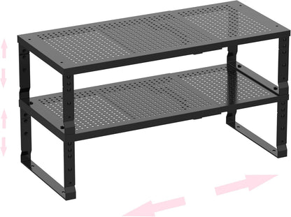 Metal Stackable Expandable Storage Shelf - Multi-Functional Home Storage Shelf, Suitable for Kitchen, Cabinet，Bathroom, Office, Garage, etc.（2PACKS/Black/Medium