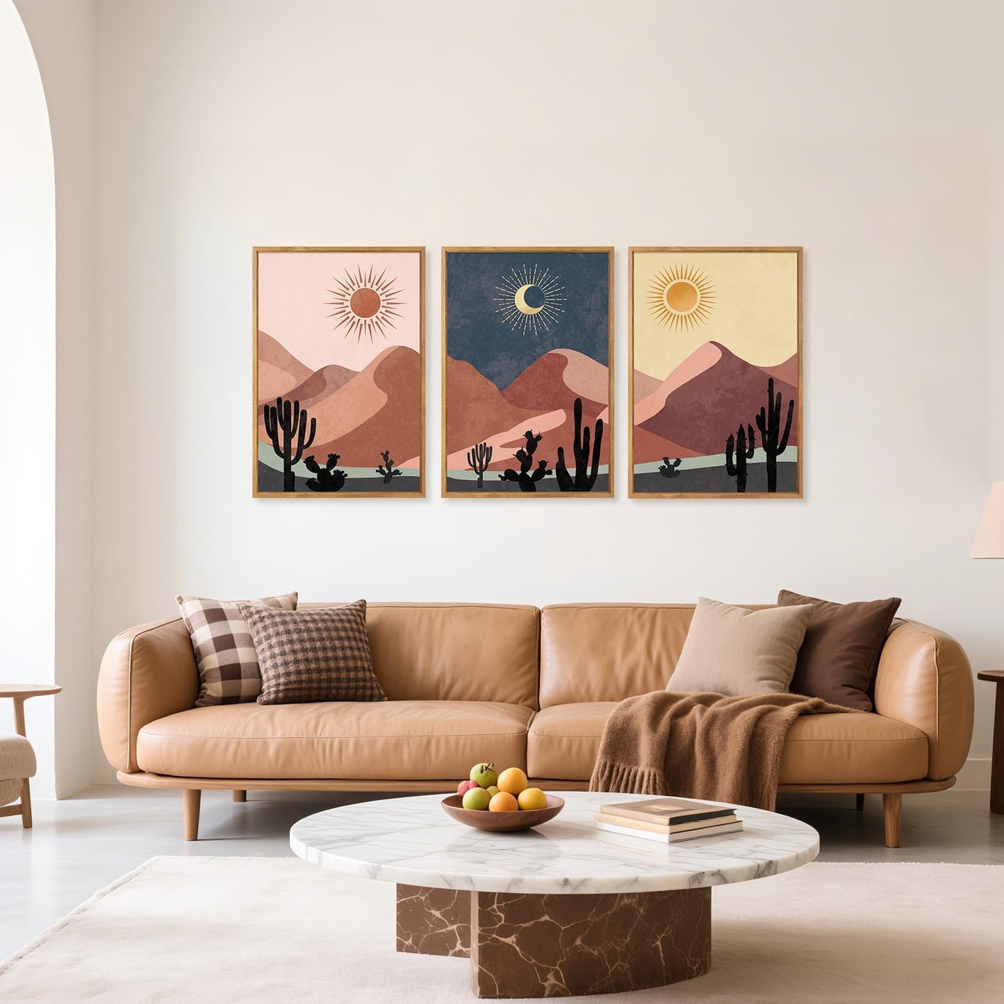 HPNIUB Boho Desert Framed Canvas Wall Art Set, Abstract Sun Moon Art Prints, Modern Cactus Paintings Artwork, Mid Century Southwestern Landscape Wall Decor for Living Room, Bedroom, Office-16 x24 x3