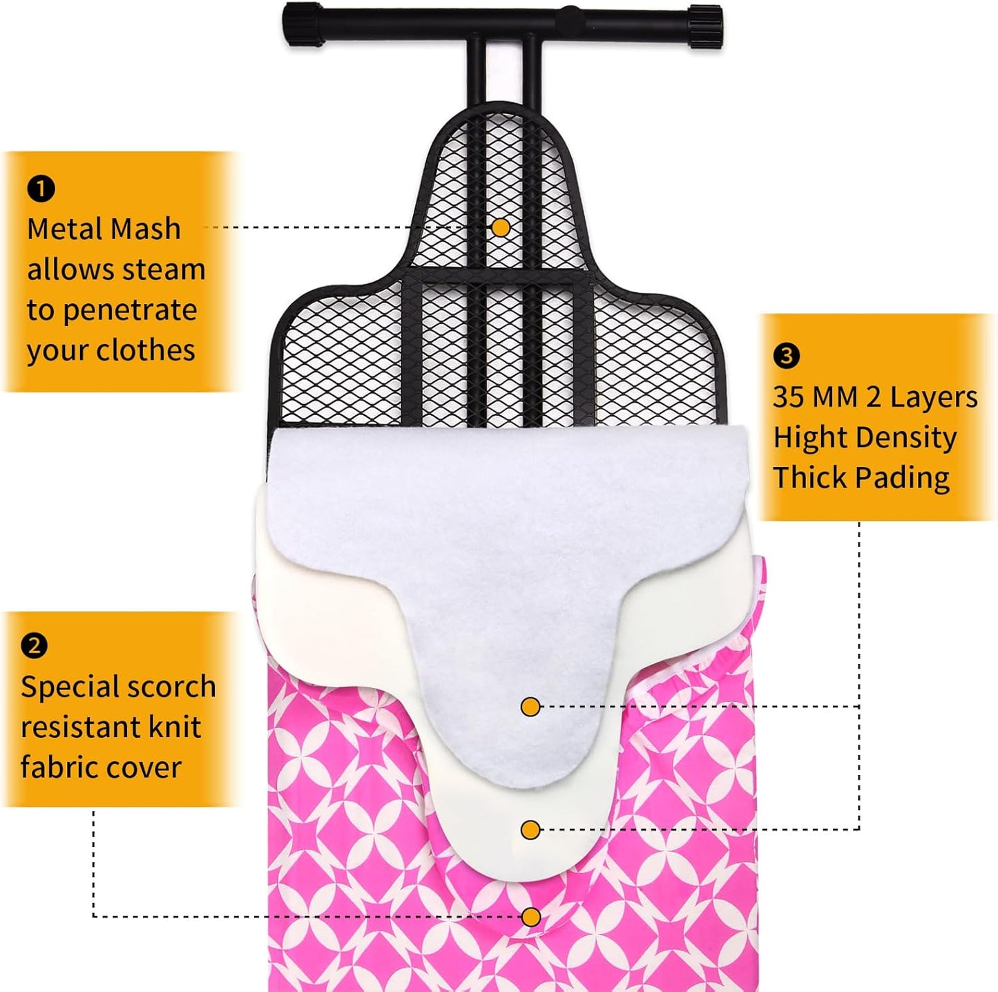 Extra Large Ironing Board with Hang Rail and Iron Rest 63" L x 20" W (Large with Iron Rest (Pink Cover))