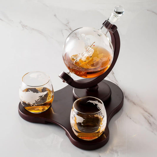 Whiskey Globe Decanter Set with 2 Glasses in Gift Box - Whiskey decanter for Liquor, Whiskey