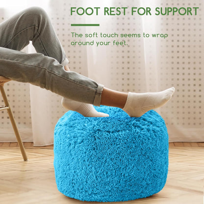HIGOGOGO Round Stuffed Pouf Ottoman, Long Faux Fur Poufs with Foam Chunk Filling, Fluffy and Furry Pouf Foot Stool Storage Ottoman, 20 X 15 Floor Poufs Foot Rest for Living Room, Blue