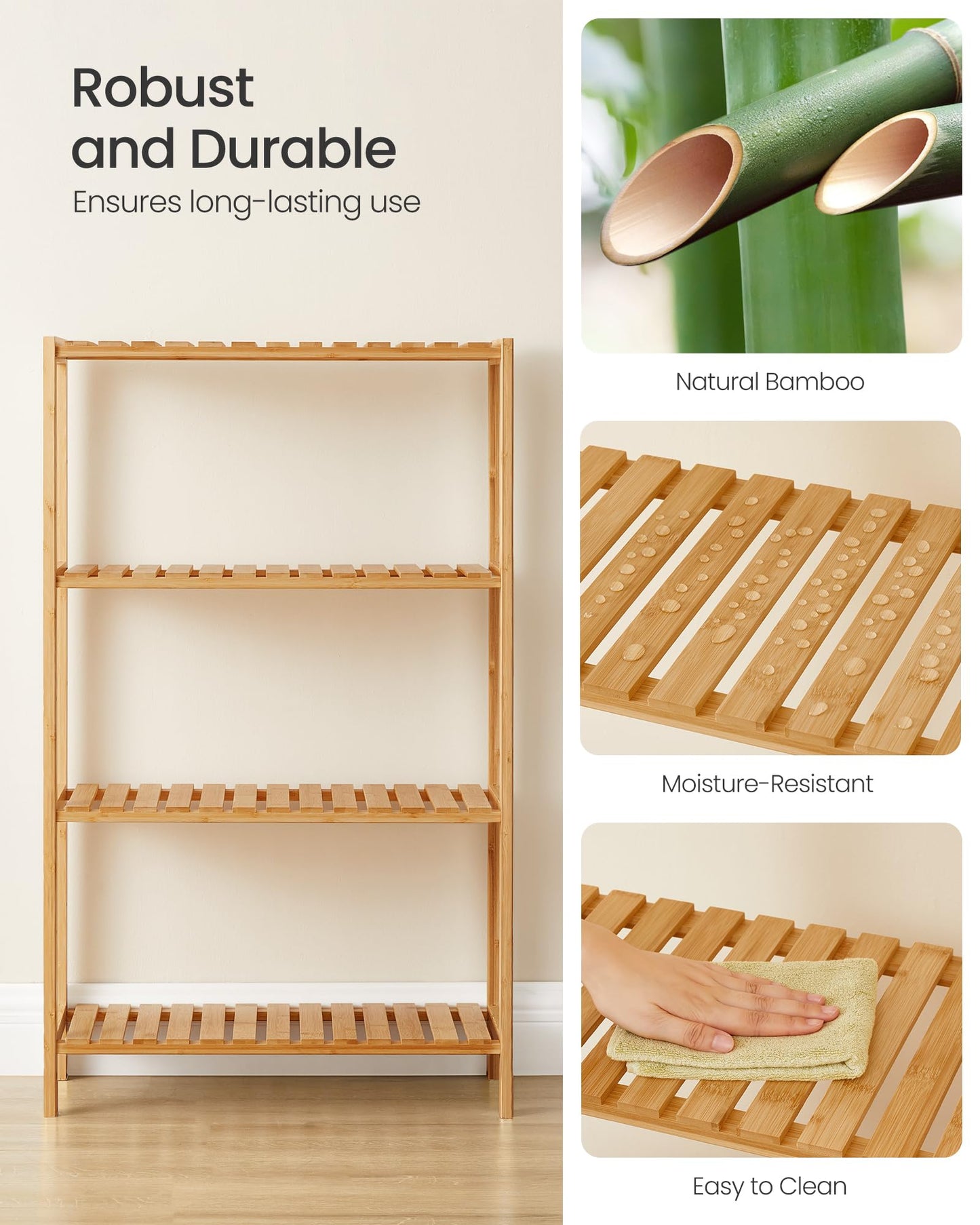 SONGMICS 4-Tier Bamboo Shelf, Freestanding Bathroom Storage Rack