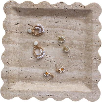 Natural Luxury Marble Tray with Scalloped Edge, Handmade Square Decorative Tray, Catch All Tray for Counter, Dresser, Nightstand and Home Décor (Beige Travertine)