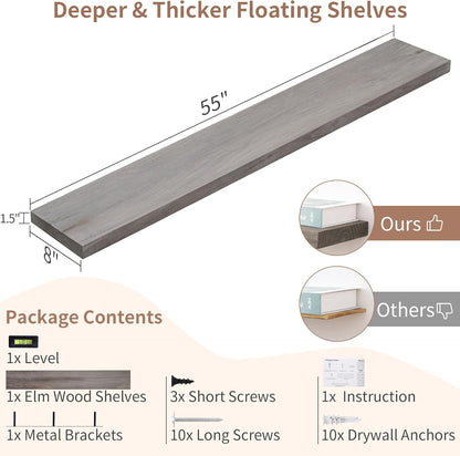 Axeman Floating Shelves for Wall, Rustic Elm Wood 56'' W x 8" D Wall Shelf with Invisible Bracket, Large Long Wall Mounted Storage Shelves for Living Room, Bedroom, Kitchen, Bathroom Decor, Grey