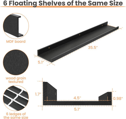 upsimples Floating Shelves for Wall, Wall Shelves for Decor Storage Set of 6, Wall Mounted Wood Shelf for Bedroom, Living Room, Bathroom, Kitchen, 35.5 inch Long Picture Ledge Shelf, Black