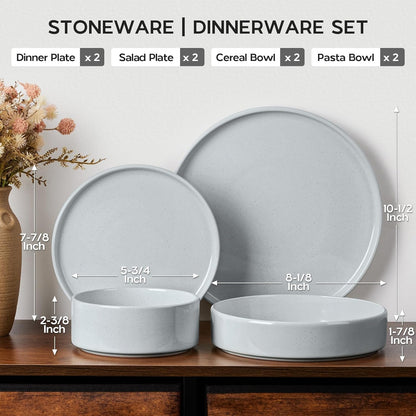 Onader Dinner Plates and Bowls Sets, 8 Pieces Stoneware Dinnerware Service for 2, Gray Ceramic Kitchen Dish Set, Speckled Dishware Dining Ware - Slate Gray