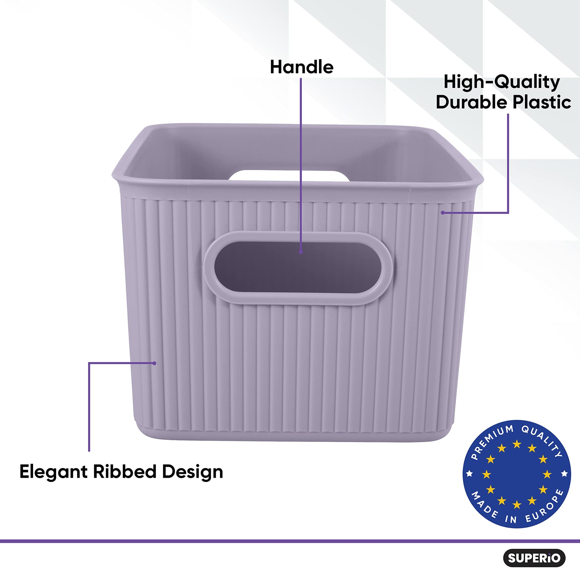 Superio Ribbed Collection - Decorative Plastic Basket Lidded Home Storage Bins Organizer, Medium