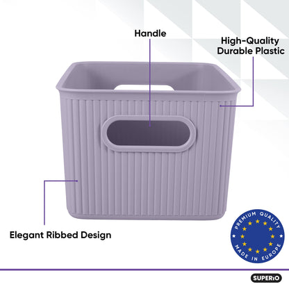 Superio Ribbed Collection - Decorative Plastic Basket Lidded Home Storage Bins Organizer, Medium