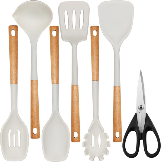 QMVESS Silicone Cooking Utensils Set, Kitchen Utensils Set 7 Pcs with Long Wooden Handle, Food Grade and Heat Resistant Large Silicone Spatula Set for Nonstick Cookware, BPA Free（White）
