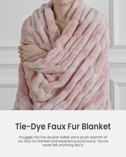 Faux Fur Blanket, Throw Blanket for Couch, Fluffy Blanket with Stretch Ruched Design, Ultra Soft Giftable Home Decor, 50x60 inches, Tie-Dyed in Pink