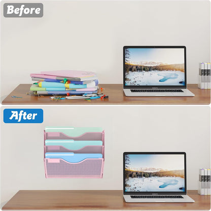 3 Tier Hanging Wall File Organizer, Mesh Mail Paper Orgnization Hanging File Folder Holder for Home Office, Pink