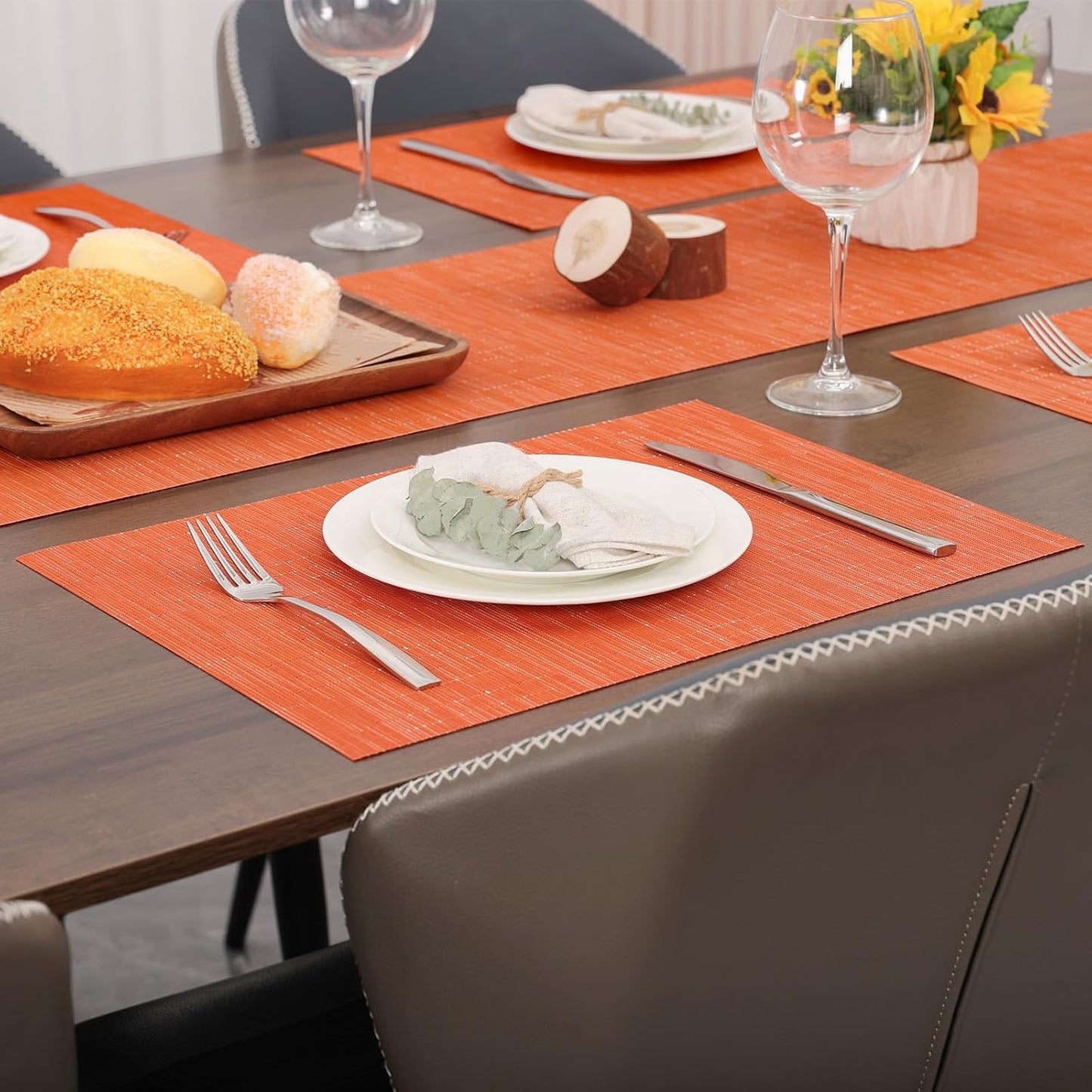Myir JUN Placemats Set of 6, Vinyl Woven Placemats Place Mats Indoor Washable Table Mats Non-Slip Place mats for Dining Table (Orange, Set of 6)